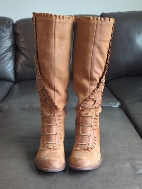 Vintage Anthropologie Sz 9 Lace-Up / Zip Leather Knee-High Boots Ruffle Trim